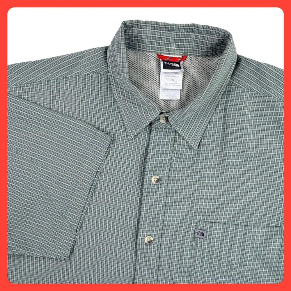 Vintage North Face Hiking Camp Shirt Men LARGE Green Plaid Short Sleeve‎ Loose